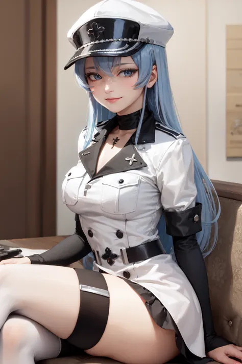 (masterpiece, best quality:1.2), <lora:agk_esdeath-10:0.8>, solo, 1girl, esdeath, smile, looking at viewer, sitting, crossed leg...