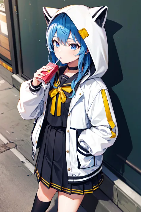masterpiece, best quality, highres, sui3, hood up, hoshimachi suisei, solo, white jacket, animal hood, white socks, open jacket, pleated skirt, black skirt, black sailor collar, black choker, school uniform, black shirt, puffy long sleeves, <lora:hoshimach...
