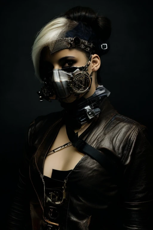 a woman in a steampunk style outfit with a steampunk style mask,portrait, zbrush central contest winner,silver hairs ,mechanical girl, dark background vfx, hyper detailed, digital art, japanese inspired, by amano, caravaggio, ashley wood, jojo liloanzo, ta...