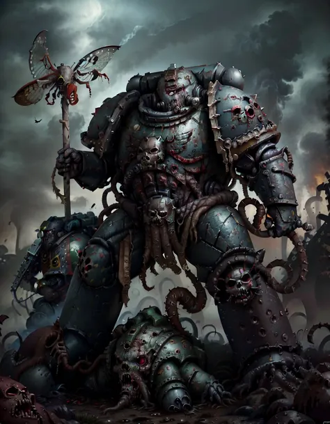 <lora:Body_Astartes:1>, (astartes, power armor, warhammer 40k, pauldron, helmet, Death Guard, Nurgle), Chaos, <lora:Model_TentacleHorrorAI:0.6>, disease, disgusting, miasma, guts hanging out, rotten flesh, living dead, rot, rust, insects, flies, worms, st...