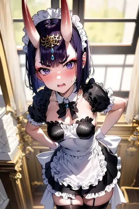 (masterpiece,best quality, detailed), 1girl, solo, indoors, fireplace, curtains, window, cowboy shot, glaring, angry, hands on own hips, from above,
shuten douji, maid, maid headdress, black thighhighs, puffy sleeves, garter straps, wrist cuffs, maid apro...