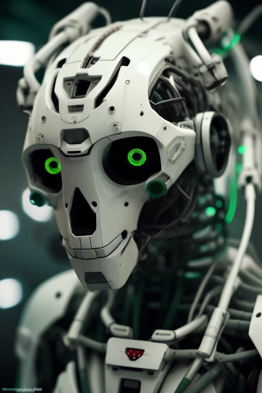 a close up of a robots head with green lights, cgsociety contest winner, digital art, wires cables skulls, white mech bot, robot animal, andrei riabovitchev symmetrical, cyborg mouse, round robot, cyberpunk medusa, cute elaborate epic robot, tech helmet, w...