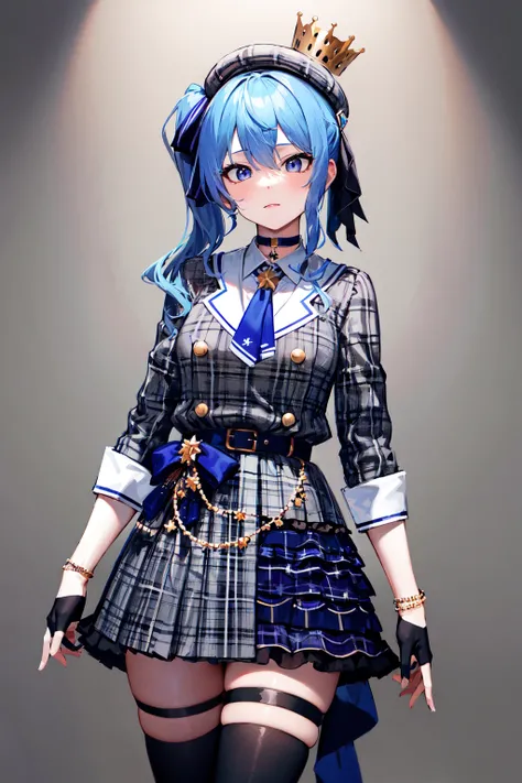 masterpiece, best quality, highres, sui1, 1girl, solo, side ponytail, hoshimachi suisei, fingerless gloves, single thighhigh, jewelry, single sock, thigh strap, bracelet, blue socks, buttons, single kneehigh, plaid dress, blue choker, blue belt, plaid skir...