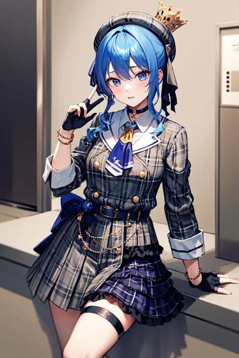 masterpiece, best quality, highres, sui1, 1girl, solo, side ponytail, solo, hoshimachi suisei, fingerless gloves, single thighhigh, jewelry, single sock, thigh strap, bracelet, blue socks, buttons, single kneehigh, plaid dress, blue choker, blue belt, plai...