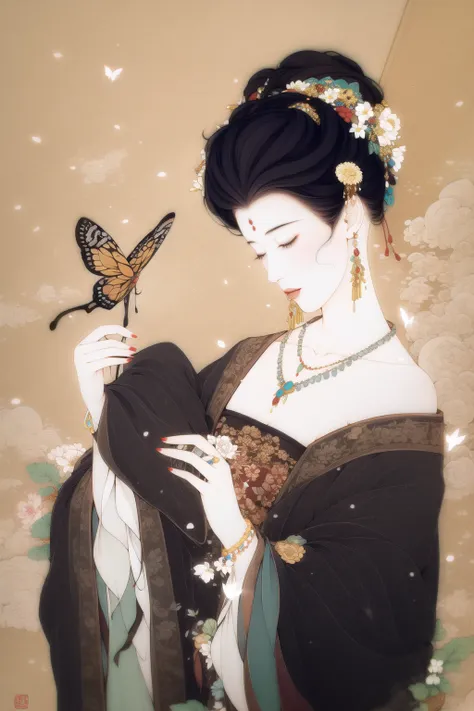 butterfly, flower, bug, 1girl, nail_polish, jewelry, necklace, black_hair, closed_eyes, solo, dress, holding_flower,black_hairancient art, chinese,