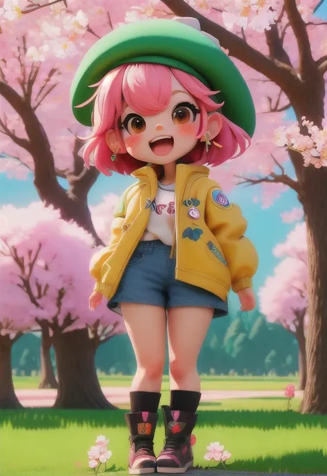 <niji-se-3d>, (masterpiece),(best quality),(ultra-detailed), (full body:1.2), 1girl,chibi,cute, smile, open mouth, flower, outdoors, ((playing with a cute dog)), beret, jacket, blush, tree, :3, shirt, short hair, cherry blossoms, green headwear, blurry, br...