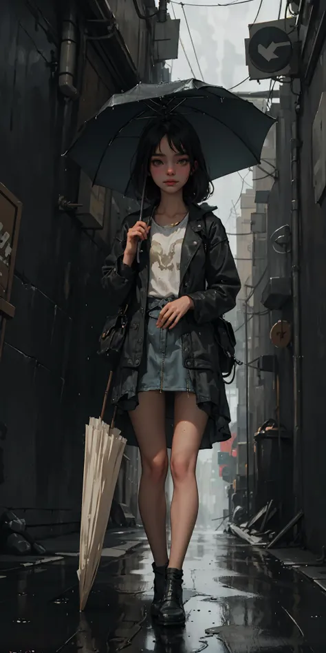 (best quality, masterpiece:1.3), 1girl, rainy day, fog, alleyway, holding umbrella, looking at viewer,