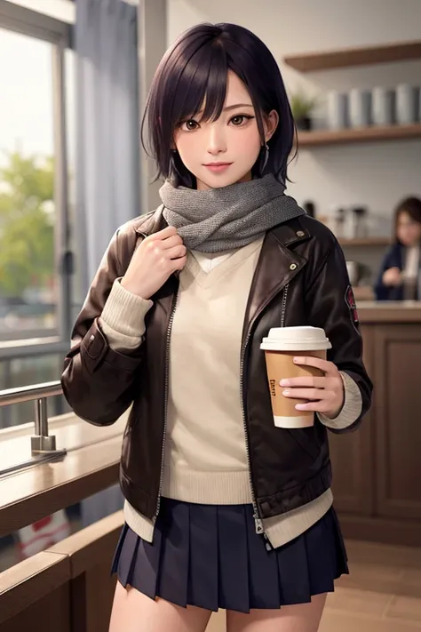 <lora:doa_nagisa:0.7> nagisa, scarf, jacket, coffee shop, pleated skirt, masterpiece, beautiful, best quality