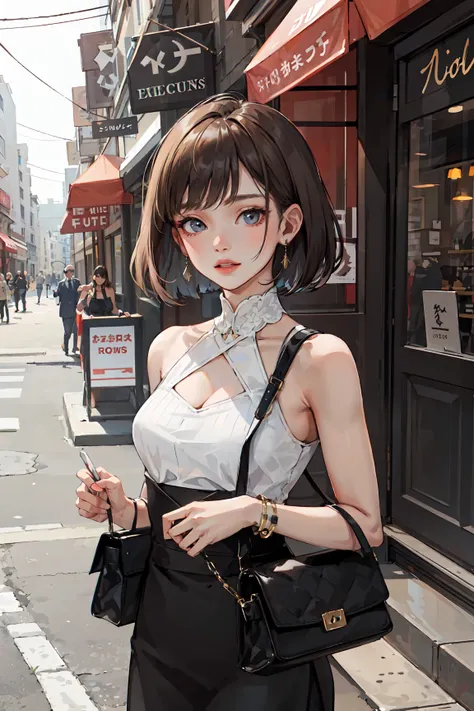 (masterpiece:1.2, best quality), 1lady, solo, upper body
Elegant and timeless dress with high-quality tailoring
makeup
Fashionable city street or an upscale restaurant
Classic handbag and jewelry
sleek bob