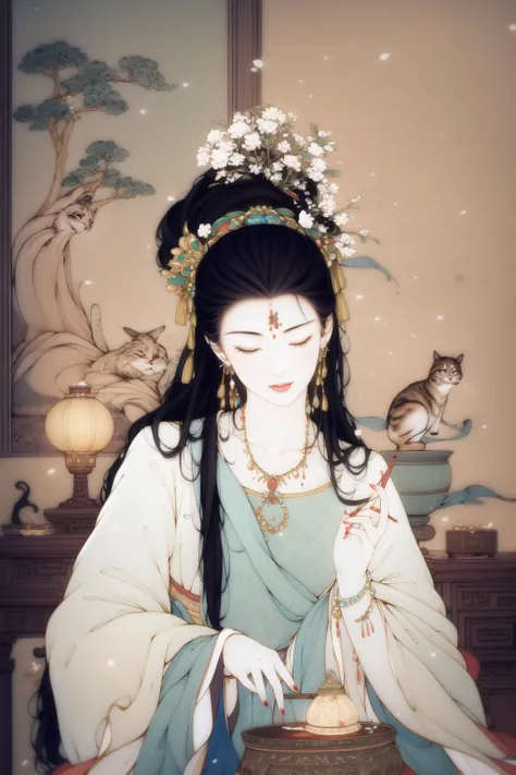 black_hair, 1girl, closed_eyes, long_hair, nail_polish, solo, jewelry,ancient art, chinese,