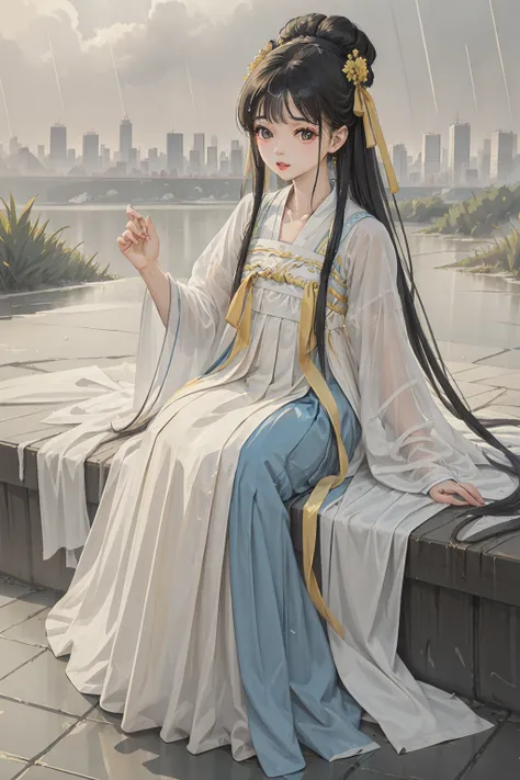 (8k, raw photo, best quality, masterpiece), 1girl solo, skyline, in the rain, chiaroscuro,<lora:hanfutang_v30:0.5>,hanfu, tang style outfits, white long upper shan, blue with white pleated skirt,yellow waistband,<lora:gachaSplashLORA_gachaSplash31:0.35>