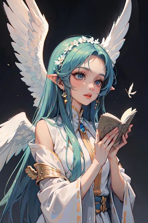 (masterpiece:1.2, best quality), 1lady, solo, Angelic messenger, Feathered wings, Celestial realm, Divine messages, Grace, Purity, Compassion, upper body,