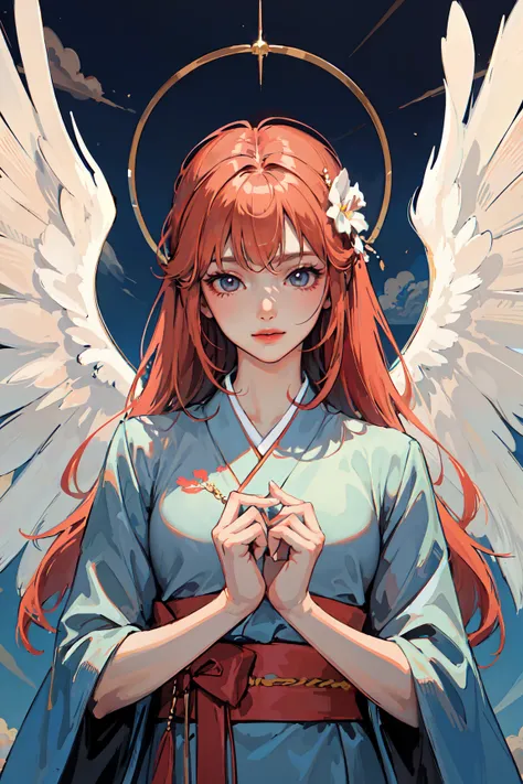 (masterpiece:1.2, best quality), 1lady, solo, Angelic messenger, Feathered wings, Celestial realm, Divine messages, Grace, Purity, Compassion, upper body, <lora:Hanbok_LoRA_V2:0.3>, sky, cloud, hanbok