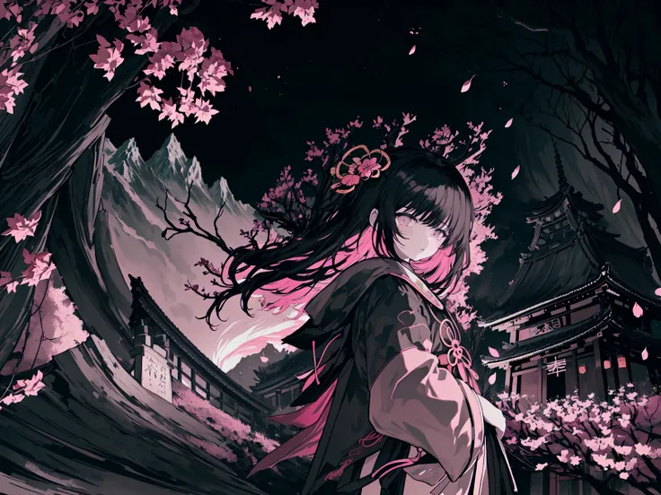 (best quality, masterpiece),(1girl, miko, coat, expression face, black eyes, looking at front ,black hair, walking, upper body), (night strray sky, huge old tree behind, falling glowing pink petals behind, shrine behind, mountain background, blowing wind, ...