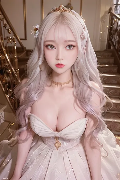 <lora:yui_v3:1> wearing white wedding princess dress, standing on a staircase,handsome, skinny,professional lighting,far view, city, eyelines,gold necklace,rendered eyes,tall body,adult woman,hair ornament,instagram most viewed,official wallpaper, official...