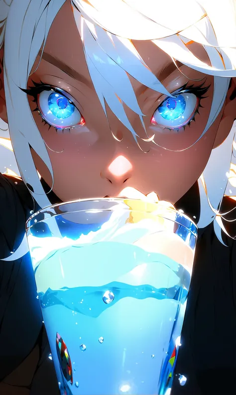 <lora:nijiexp-000010:0.9>,letterboxed, 1girl, solo, face, blue_eyes, looking_at_viewer, white_hair, close-up, hair_between_eyes, drinking water