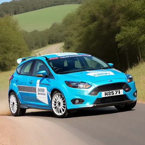 sport rally car ford focus BREAK
ford focus is (red:1.3), with (sponsors watermarks:1.2) BREAK
blue sky BREAK
dirt road BREAK