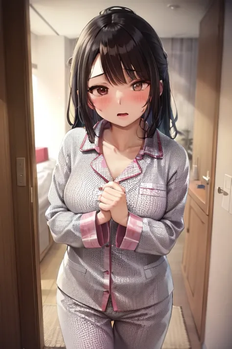 anime girl in pajamas standing in a hallway with her hands on her chest