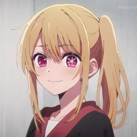 <lora:ruby hoshino v2:0.7>  ruby hoshino, blonde hair, side ponytail, ruby eyes, smile,star on eye, anime screencap, upper body, face, (star on right eye:1)