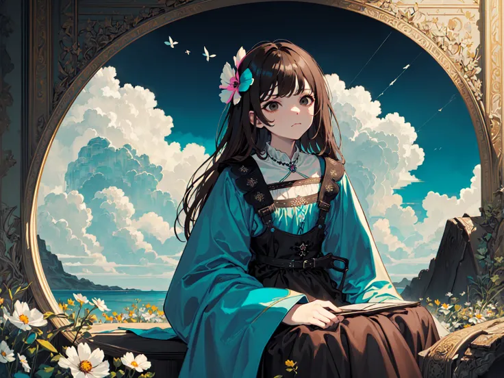 (best quality, masterpiece), Turquoise Screen Filter, (1girl, solo, brown robe, expression face, looking up, sitting, wide sleeves, black eyes, closed mouth, long hair, cowboy shot), (clear sky, cosmos flower filed, cloud),