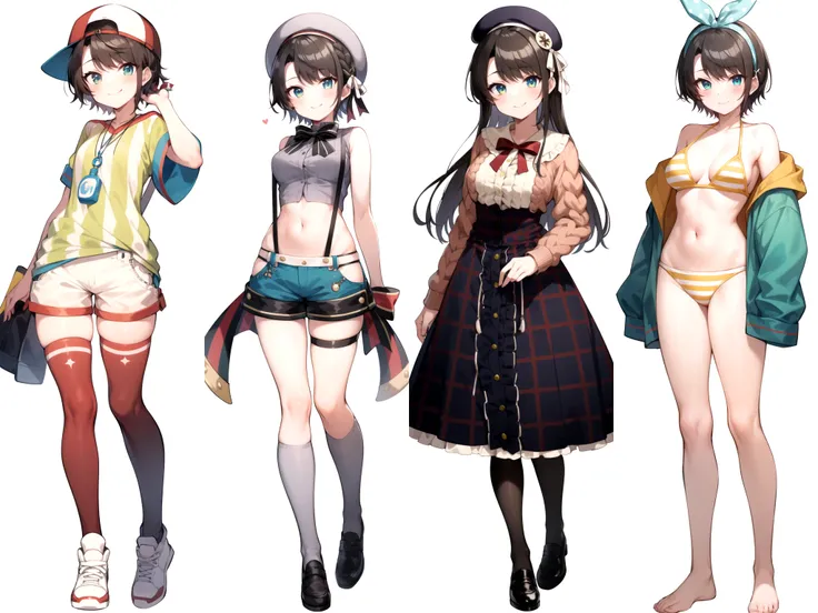 2d, masterpiece, best quality, anime, highly detailed, full body, 1girl, solo, subaru_sports, striped shirt, white shorts, baseball cap, whistle, red legwear, white legwear, mismatched legwear, white ribbon, standing, smile, white background, simple backgr...