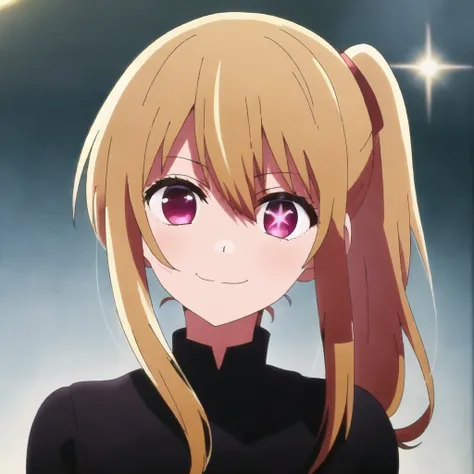 <lora:ruby hoshino v2:0.7>  ruby hoshino, blonde hair, side ponytail, ruby eyes, smile,star on eye, anime screencap, upper body, face, (star on right eye:1)