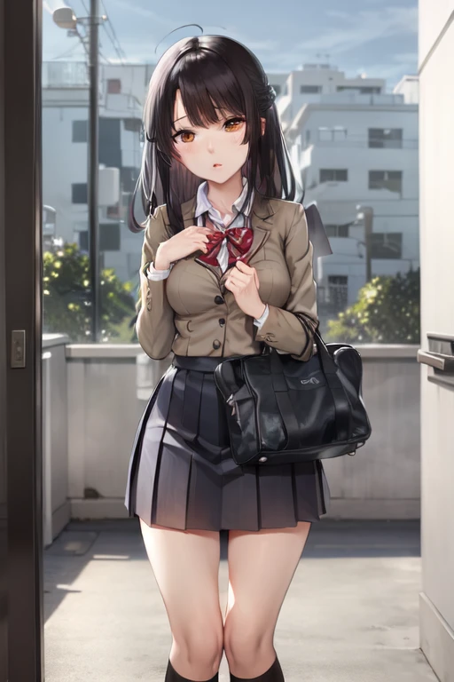 anime girl in school uniform with purse and handbag standing on balcony