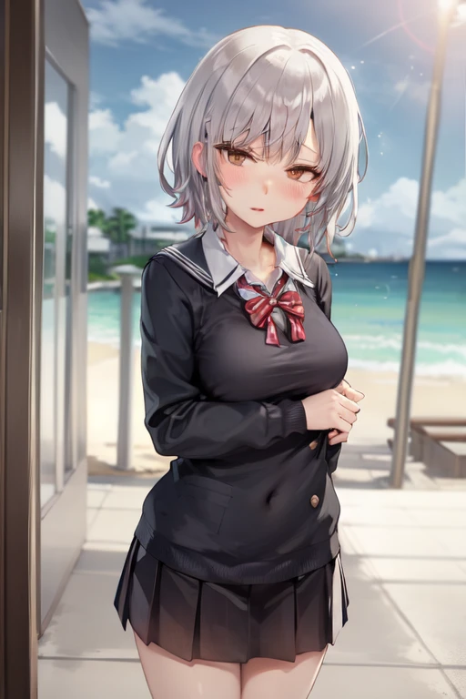 anime girl in school uniform standing on a sidewalk by the beach