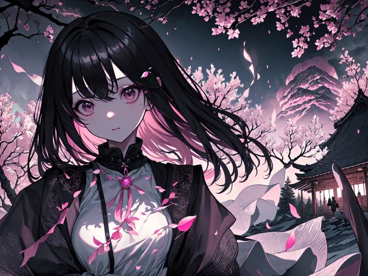 (best quality, masterpiece),(1girl, miko, coat, expression face, black eyes, looking at front ,black hair, walking, upper body), (night strray sky, huge old tree behind, falling glowing pink petals behind, shrine behind, mountain background, blowing wind, ...