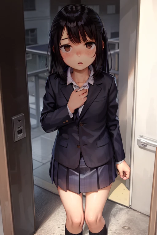 anime girl in a school uniform standing in front of a door