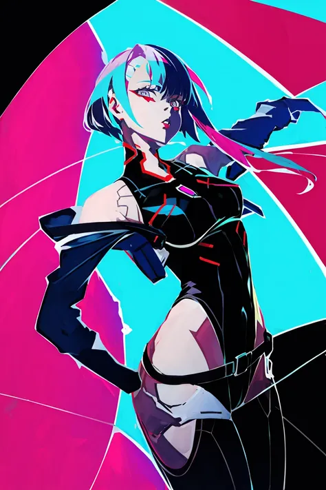 neon palette  <lora:neon_palette_offset:1>, lucy \(cyberpunk\), 1girl, asymmetrical bangs, black leotard, bodysuit, clothing cut...