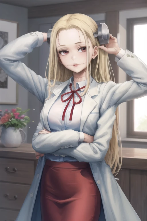 1girl, solo, long_hair, blonde_hair, blue_skirt, labcoat, red ribbon, white_shirt,  <lora:MadarakiFran-10:1.0> extra_arms,, (Masterpiece, Best Quality:1.2),