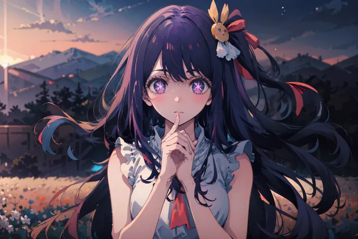 1girl, landscape, panorama, overlook,(high contrast:0.8),(distant view),blurry foreground,wind, cowboy shot,
HshinoAi, long hair, purple hair, purple eyes, hair ornament, star-shaped pupils, pink shirt, sleeveless, shirt, idol,
looking at viewer, own hands...