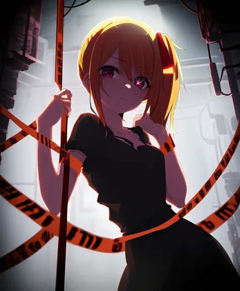 caution tape, (Ruby:1.15); red ribbon, 1girl, solo,  cowboy shot, shushing,  looking at viewer, gold hair, dark, behind  caution tape, backlighting, side ponytail, alleyway, wall, cyberpunk, machinery, beautiful hands
<lyco:oshinoko-ep02-cs2-loha-step-3500...