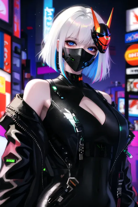 1girl, bangs, white hair, blue eyes, fashi-g,bob cut,short hair, cleavage, collarbone, open jacket,mecha,cyberpunk,neon lights,mechanical mask,multicolored hair,off shoulder,large breasts