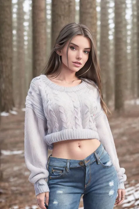 a photo of a (very attractive:1.2) woman, S005_StefanyKyler, wearing a (oversized sweater:1.2) and (distressed jeans:1.1), alone in the snowy woods, (8k, RAW photo, highest quality, best quality, masterpiece, ultra-detailed, hires, absurdres), (photorealis...