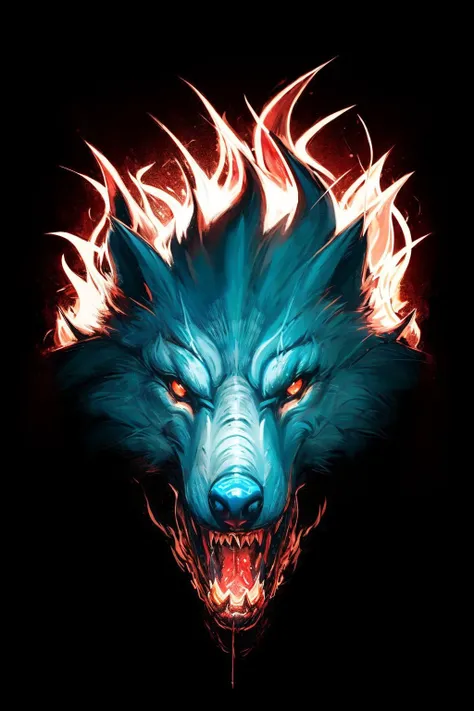 symetric werewolf head, with flames around it <lora:werewolf_v1.0:1>  <lora:epinoiseoffset_v2:1>