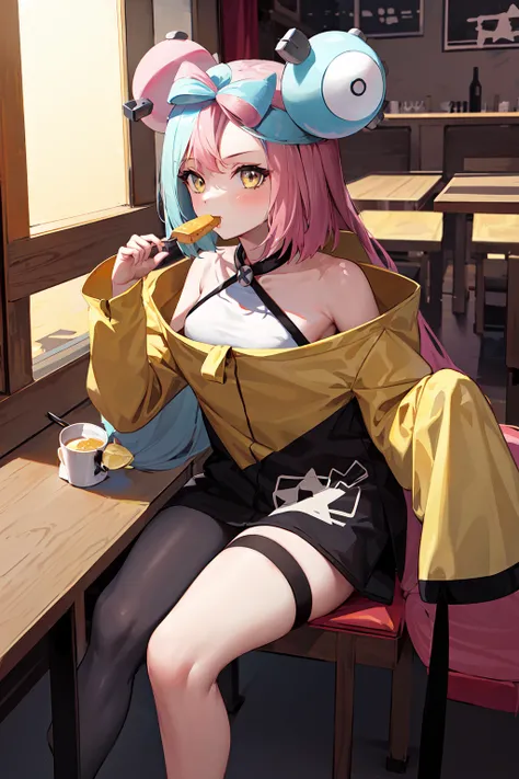 masterpiece, best quality, highres, iono1, 1girl, long hair, <lora:iono_v1-000006:0.9>, yellow jacket, off shoulder, hair ornament, restaurant, sitting, eating, food