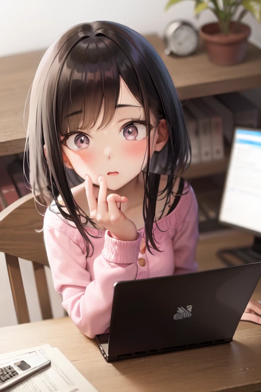 anime girl sitting at a table with a laptop and a phone