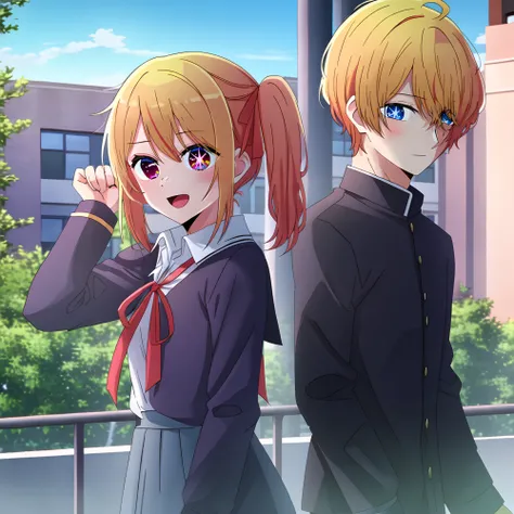 Aquamarine; Ruby; 1boy, 1girl, 
school uniform, frill,  red ribbon, side ponytail, close to each other
long sleeves, looking at viewer, blush, :d, shirt, smile,  outdoors, in campus
 <lyco:oshinoko-ep02-cs2-loha-step-35000:1>