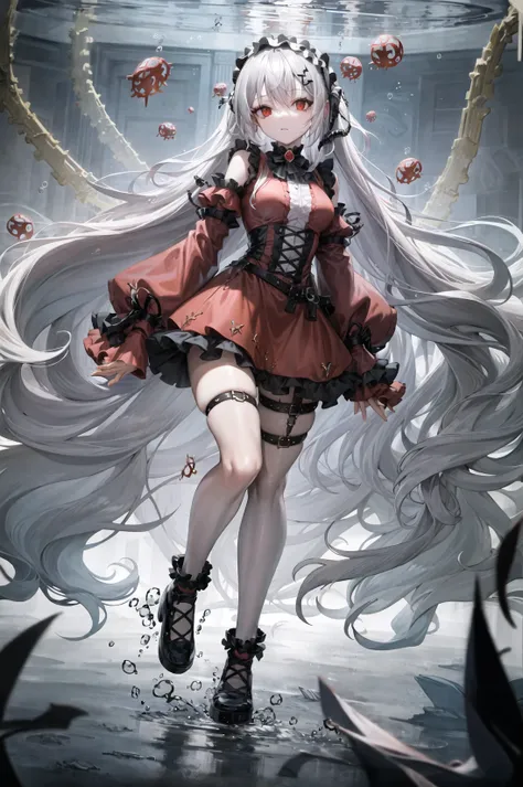 1girl, absurdly long hair, air bubble, breasts, bubble, dress, eyebrows visible through hair, floating hair, full body, hair between eyes, hairband, long hair, long sleeves, looking at viewer, medium breasts, red dress, red eyes, ripples, silver hair, slee...