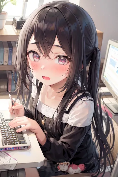 1girl, caught, looking at viewer, at computer, blush, embarrassed, denial, <lora:concept-caught-v2:1>