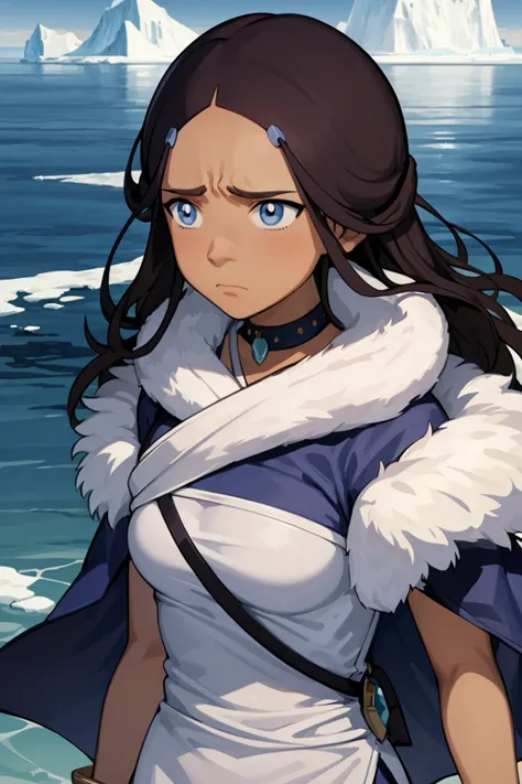 masterpiece, best quality, 1girl, kataras3, toned, dark skin, long hair, fur coat, jewelry, looking away, sad, melting ice, iceberg background, sea, arctic, (blue eyes:0.6) <lora:KataraV2:1>