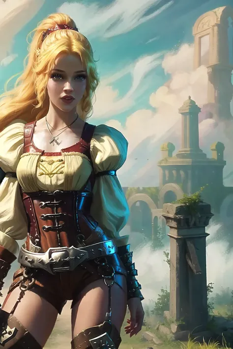 zrpgstyle, (KimberlyNobodySD15:0.8) medieval RPG character painting blonde hair upsweep updo swashbuckler rogue corset button shirt (leather pants:1.1) (straps buckles:1.2) armor indoors overgrown (ancient ruins:1.2) bright morning light from the side (atm...