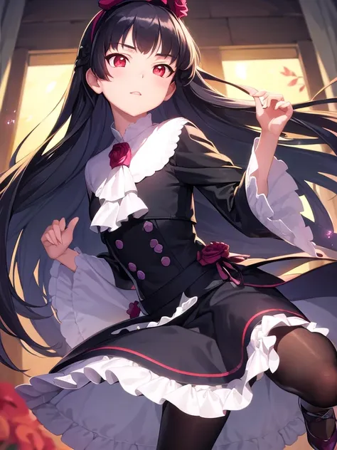 (ultra detailed),(masterpeace),(best quality),(photorealistic), beautiful lighting,CG,(colour:1.2),1girl, solo, day,park, <lora:kuroneko_oreimo_V1:1>,gokou ruri, black hair, long hair, straight hair,red eyes, black dress , black pantyhose, pumps,flower hai...