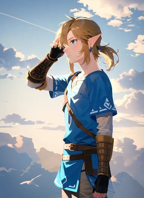 link, the legend of zelda, the legend of zelda: breath of the wild, 1boy, blue eyes, blue tunic, cloud, earrings, fingerless gloves, gloves, gradient sky, jewelry, light brown hair, male focus, pointy ears, short ponytail, sidelocks, sky, solo, ((masterpi...