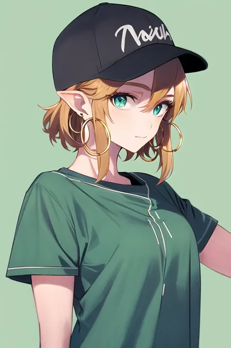 link, masterpiece, best quality, 1girl, aqua eyes, baseball cap, blonde hair, closed mouth, earrings, green background, hat, hoop earrings, jewelry, looking at viewer, shirt, short hair, simple background, solo, upper body, yellow shirt <lora:link_offset:1...