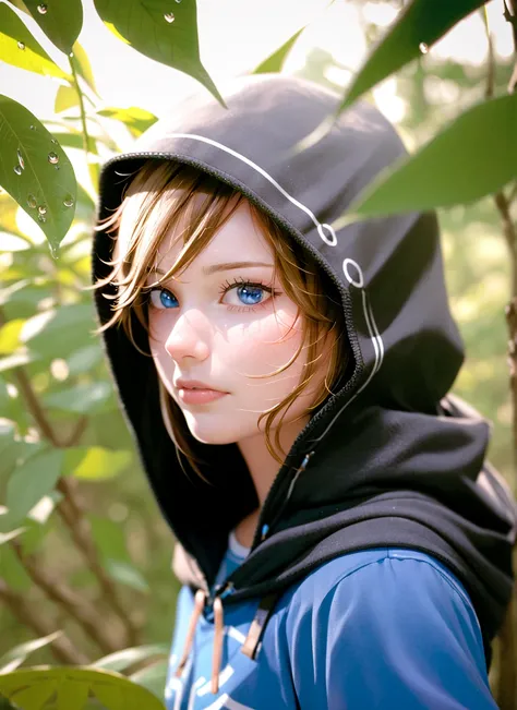 (RAW photo, best quality), (realistic, photo-realistic:1.2), high quality, (high detailed skin:1.4), link, the legend of zelda, the legend of zelda: breath of the wild, 1girl, beautiful, blue eyes, blue tunic, hood, hood up, leaf, light brown hair, looking...