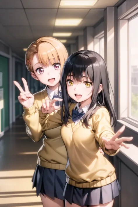 <lora:mieruko-chan_v0.3b:1>
1girls, yuri, yotsuya miko, yurikawa hana, pose, taking picture, selfie, school uniform, :d, yellow sweater, white shirt, hallway,, masterpiece, best quality, highly detailed