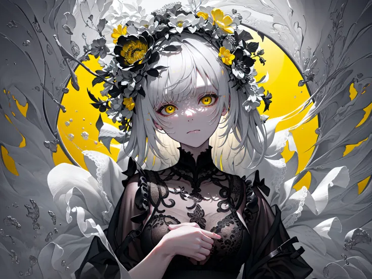 (best quality, masterpiece), (1girl, solo, black suit, standing , looking at viewer, white hair, yellow eyes, closed mouth, upper body), (giant black bouquet background, floral_background)